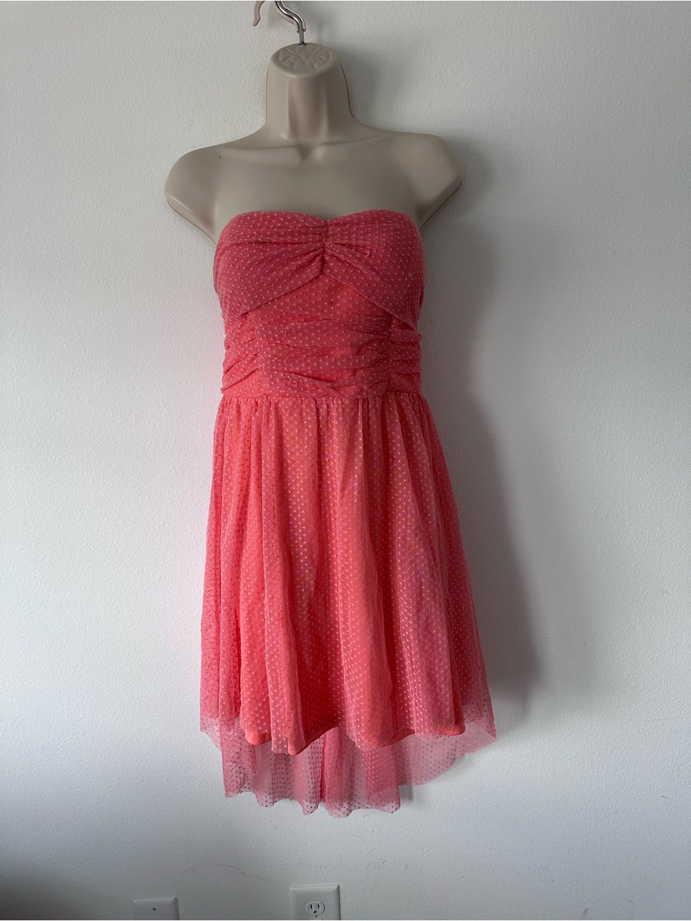 Strapless Coral Pink Polka Dot Tulle Dress
